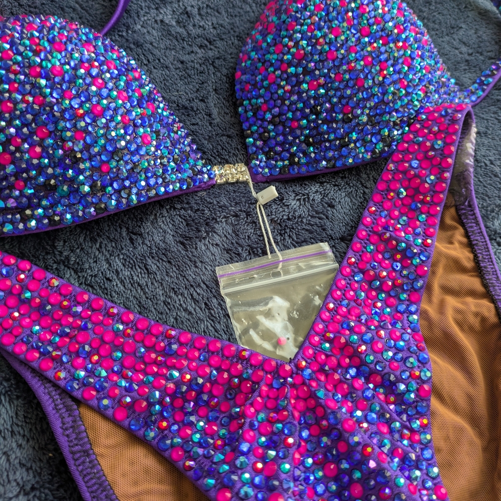 Vibrant Pink, Blue, And Purple Rhinestone competition Bikini Set - Picture 2 of 8